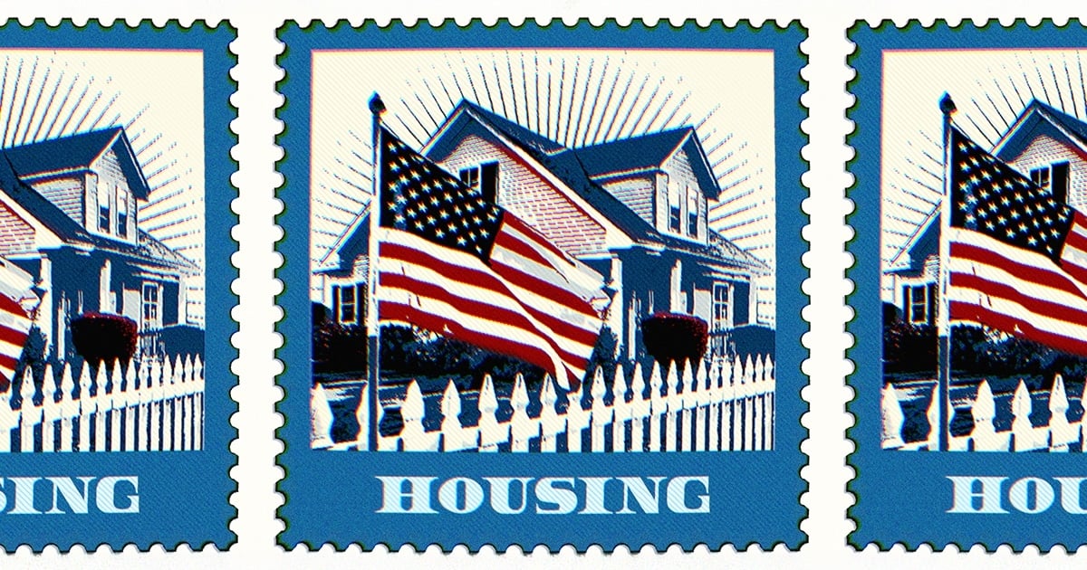 Vintage postage stamp rendering of a house with an American Flag and white picket fence. Text says Housing.