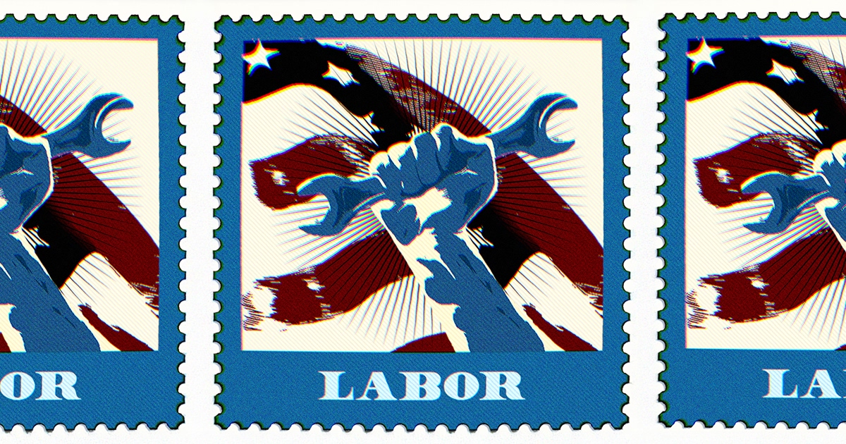 Vintage postage stamp rendering of a person holding a wrench in front of an American flag alongside text that reads Labor.