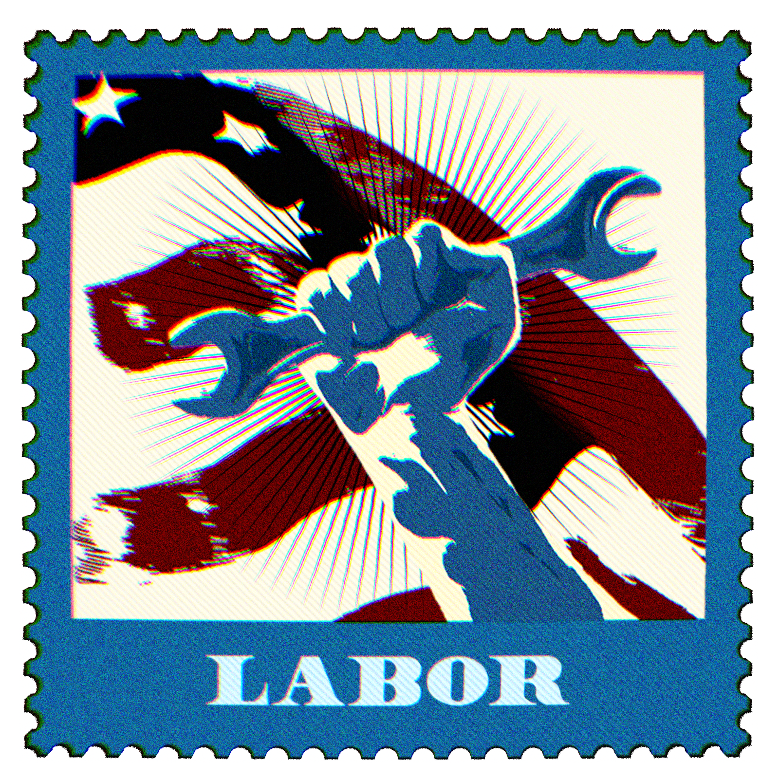 postage stamp illustration of hand holding wrench in front of american flag with text labor