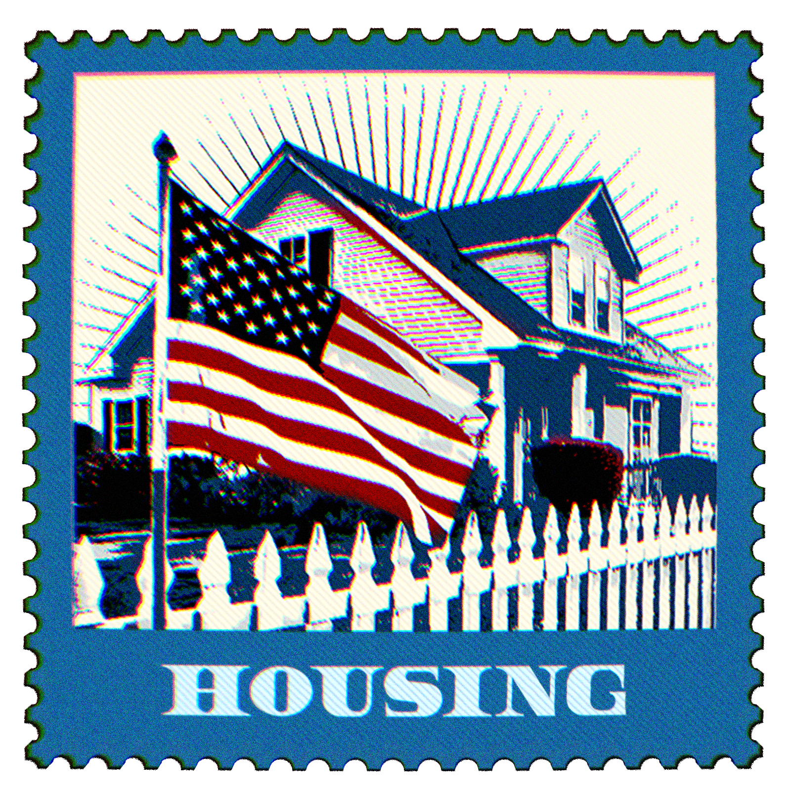 postage stamp illustration of home with american flag in front with text housing