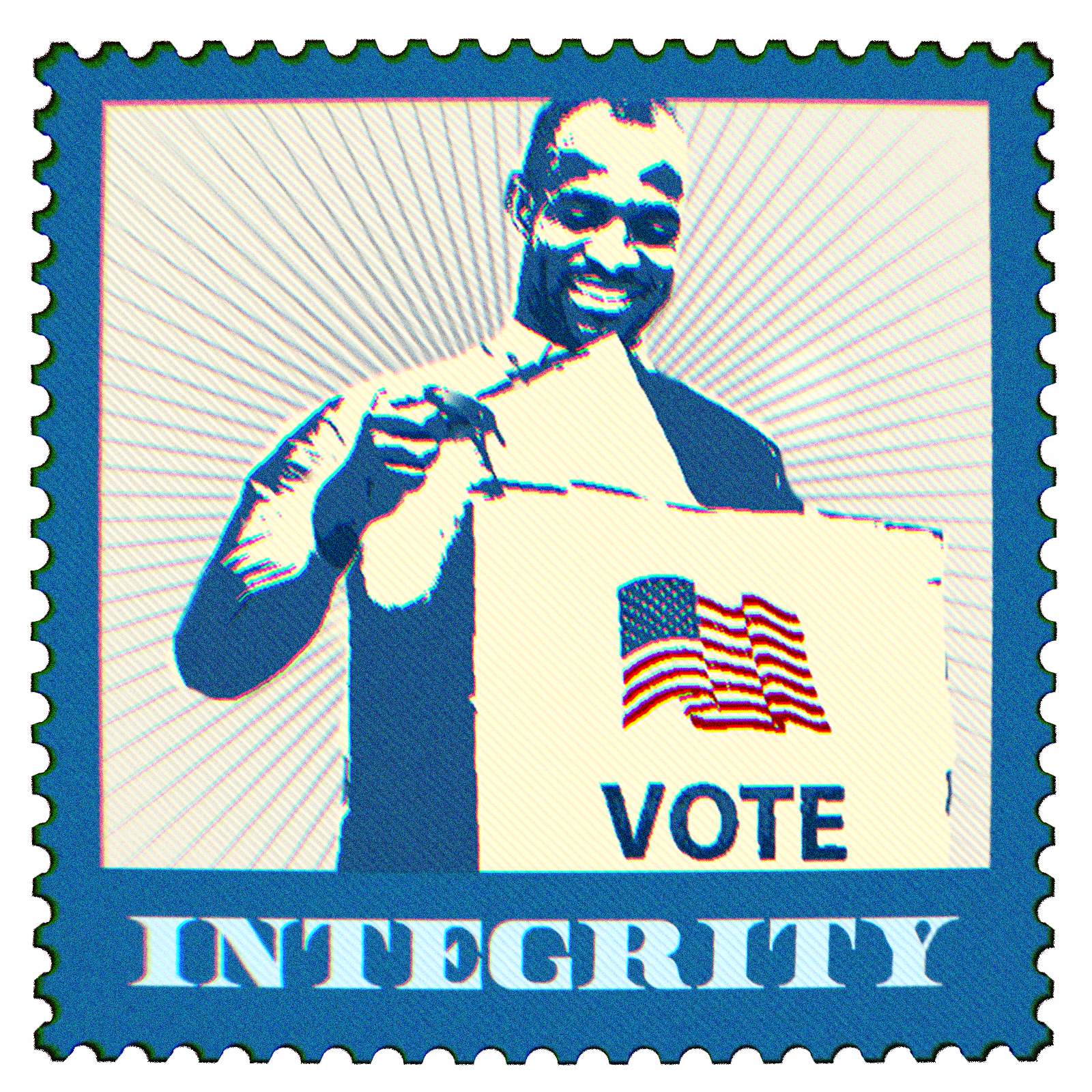 postage stamp illustration of man putting ballot into voting box with text integrity