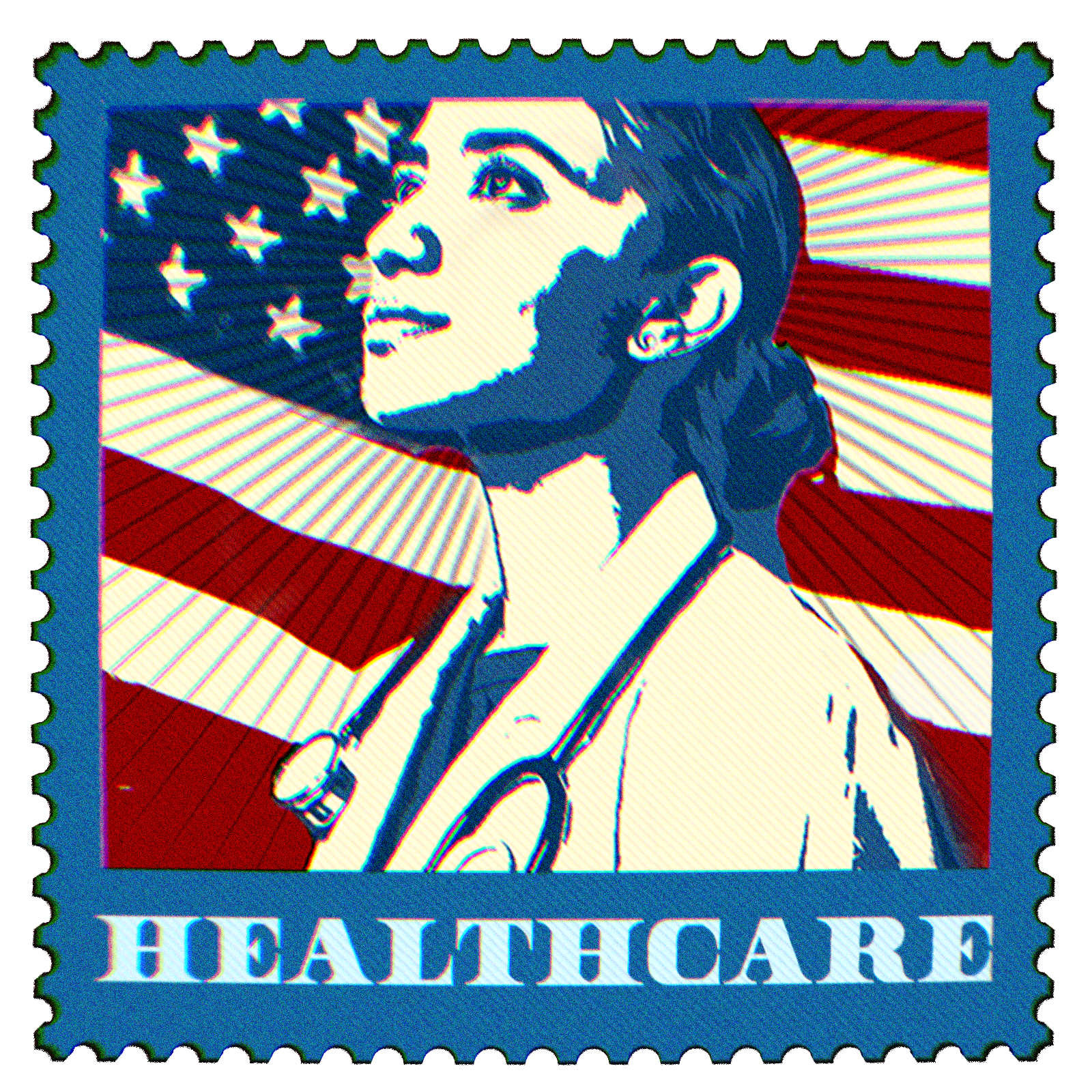 postage stamp illustration of medical doctor looking up in front of american flag with text healthcare