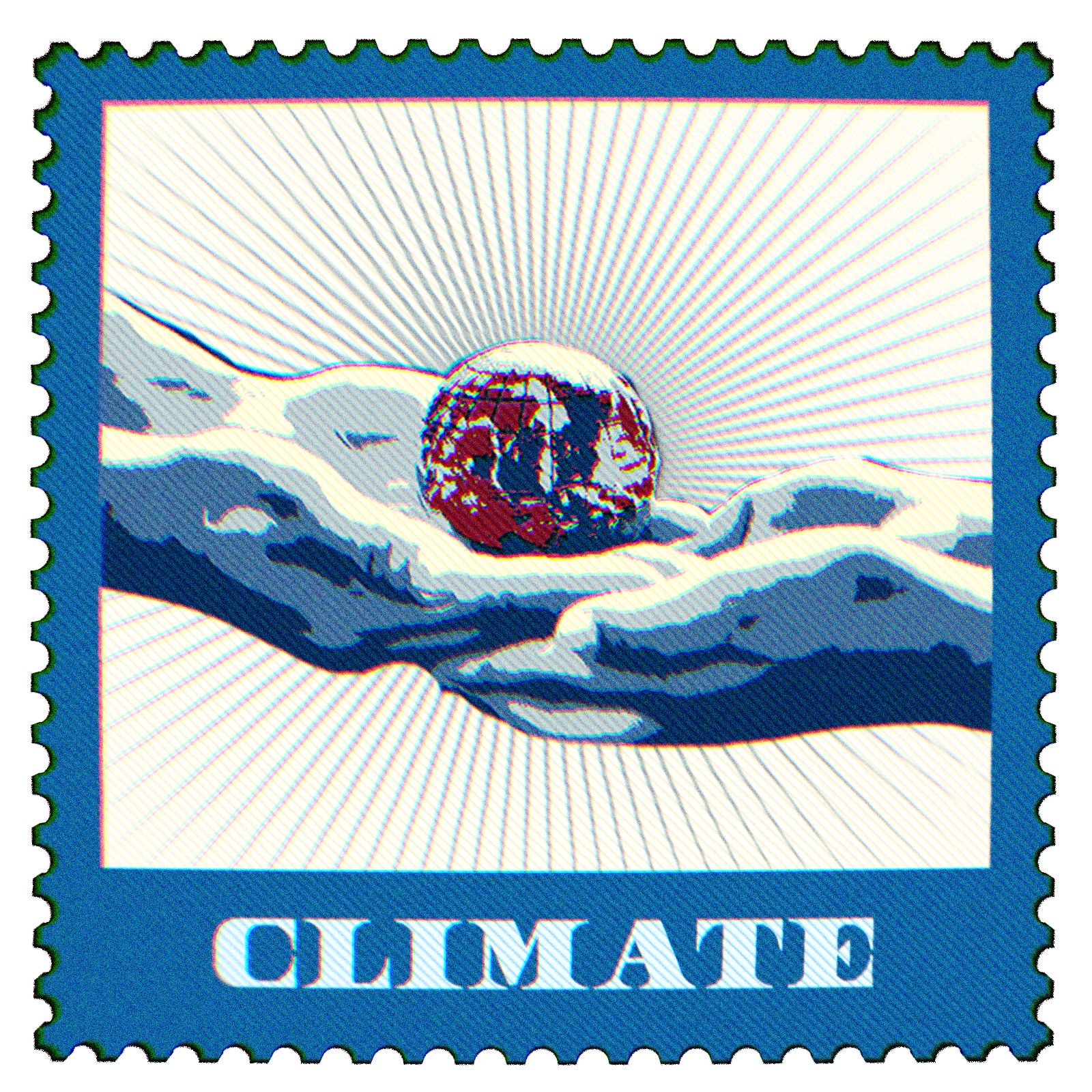 postage stamp illustration of two hands holding small globe model with text climate