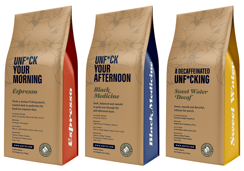 Unfuck Your Morning, Unfuck Your Afternoon and A decaffeinated Unf_cking bags lined up in a row