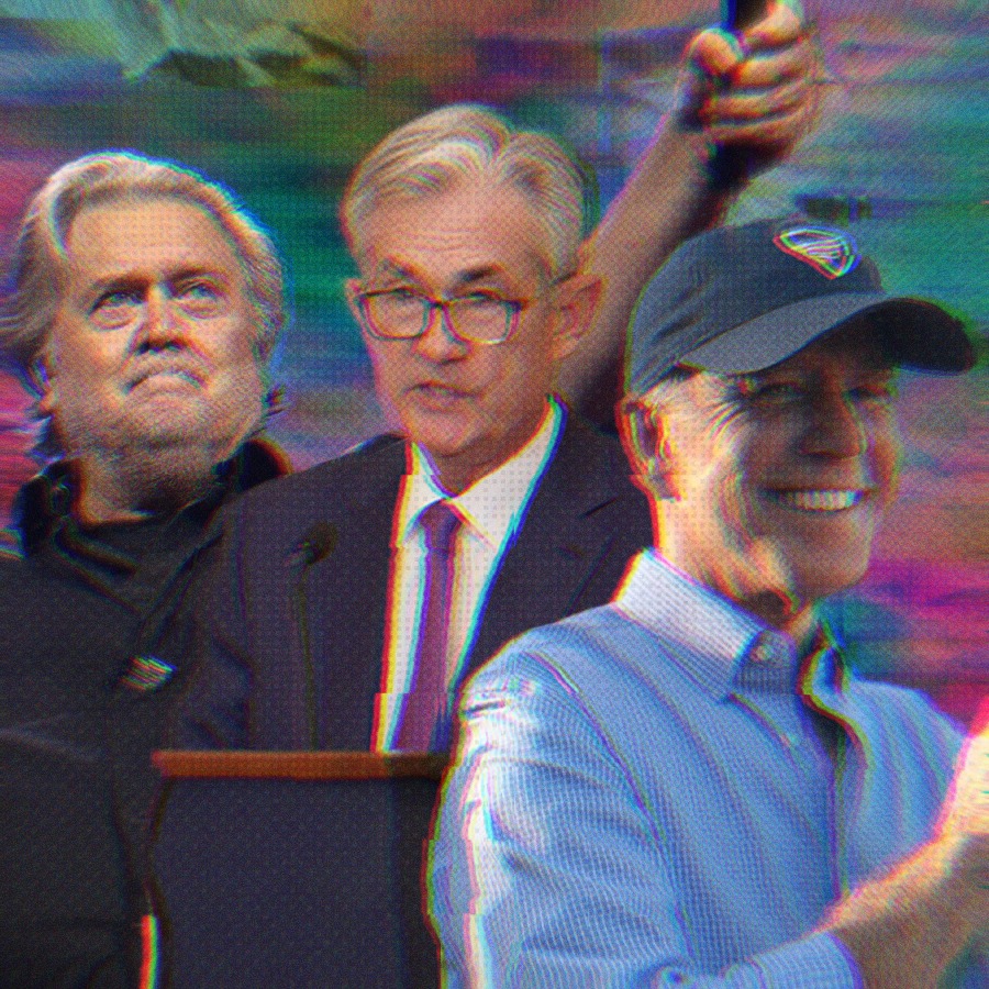 A composite image of Steve Bannon, Jerome Powell and Joe Biden.