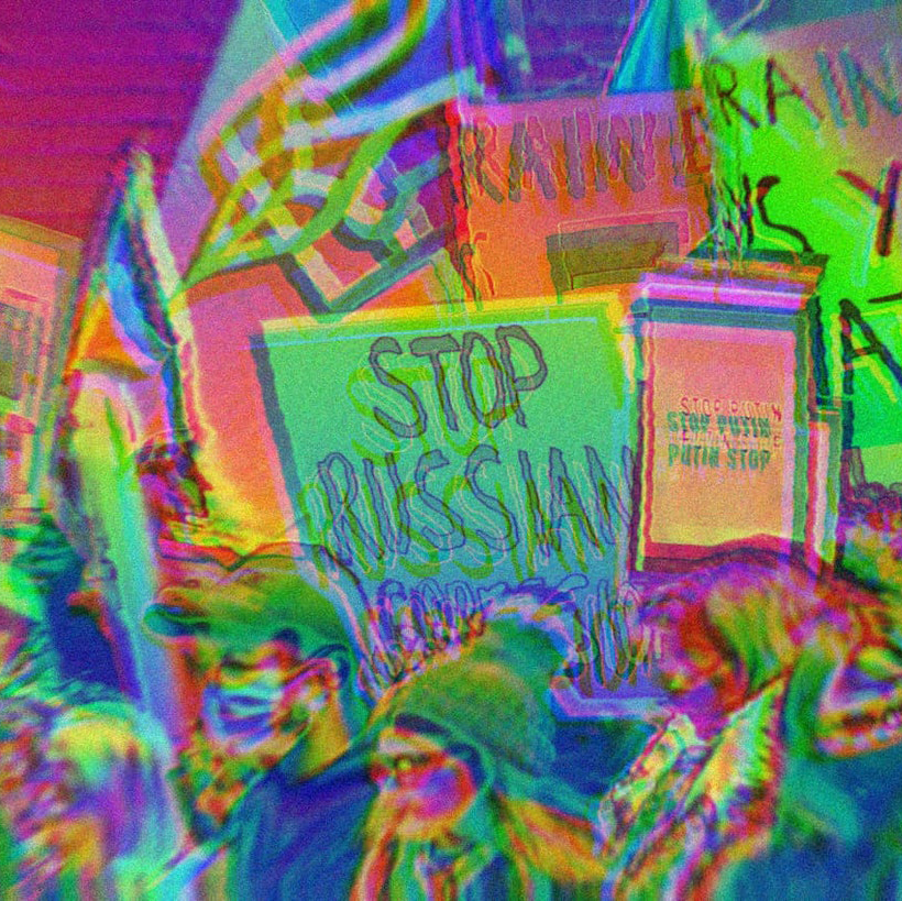 A group of people protesting Russia's invasion of Ukraine