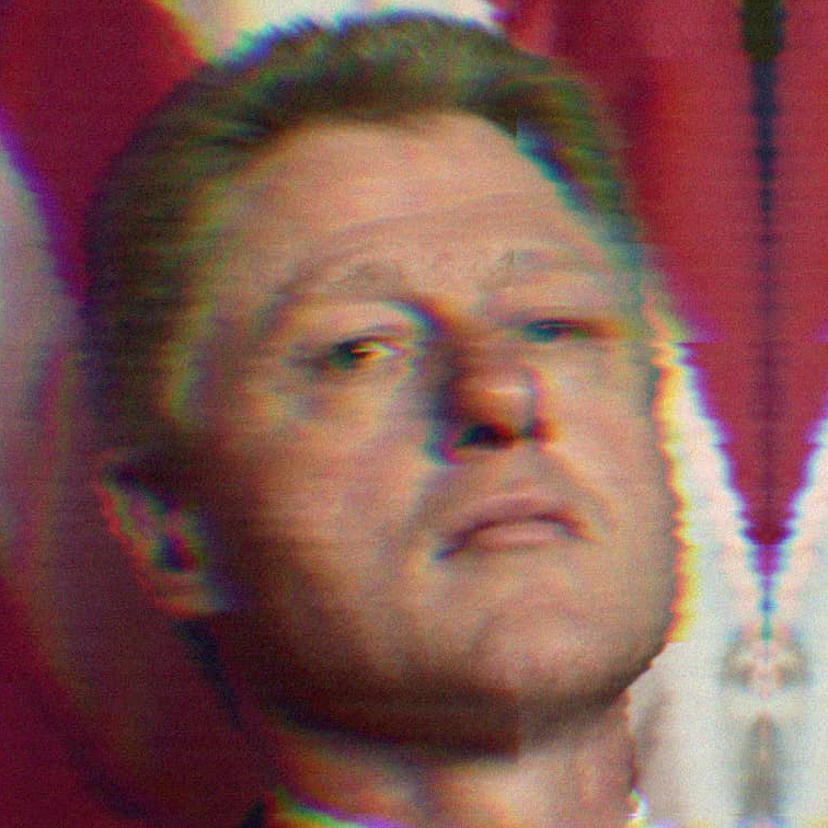 A mirrored image of Bill Clinton in front of an American flag.