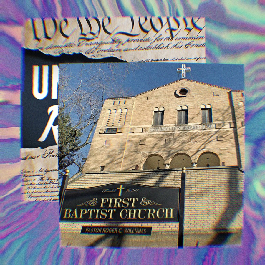 A photo of First Baptist Church Glen Cove along side the Unf*cking The Republic Podcast art
