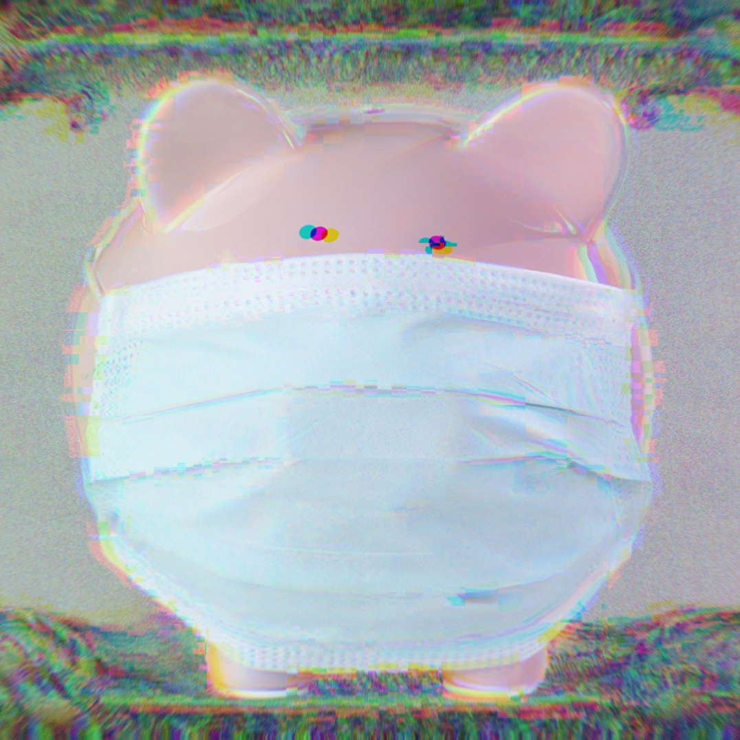 A piggy bank weaaring a mask; bank contagion concept.