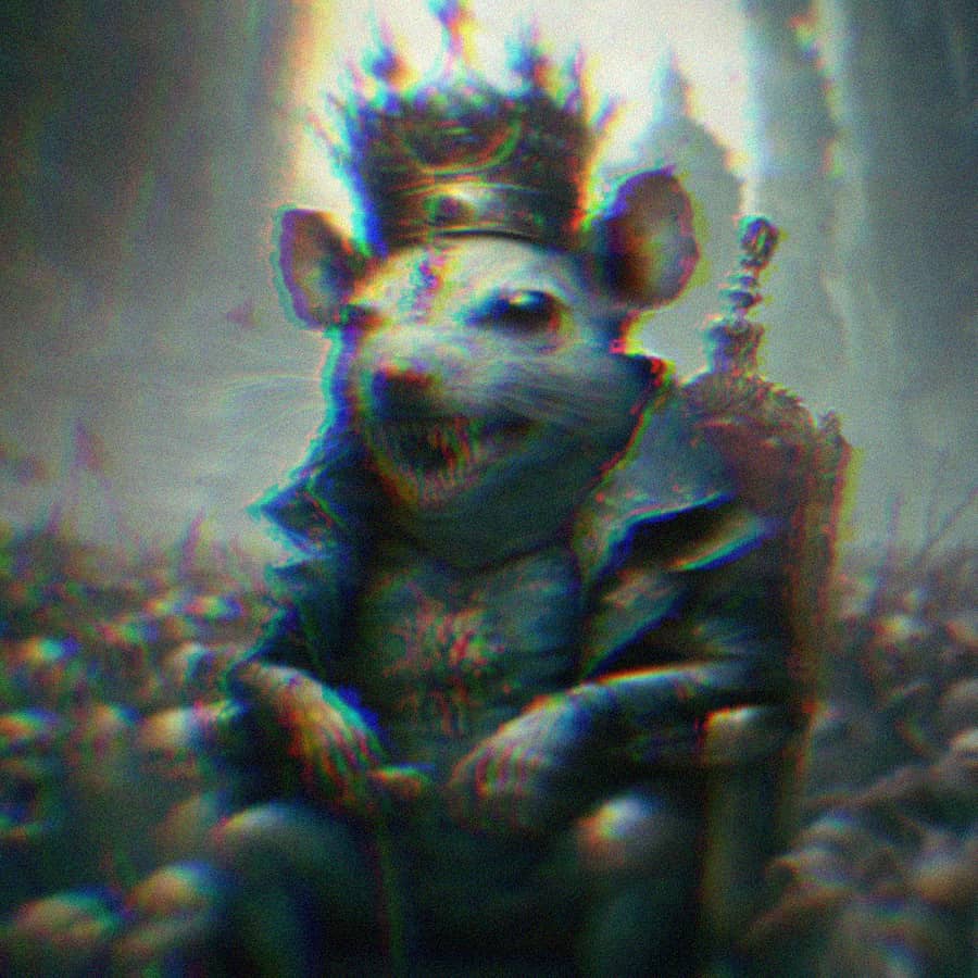A wealthy rat king sitting on a throne, surrounded by poor, ‘lesser’ rats.