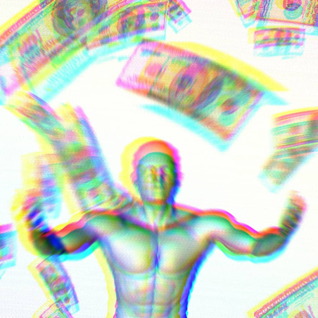 Rendering of a man with his hands raised and 100 dollar bills flying down around him