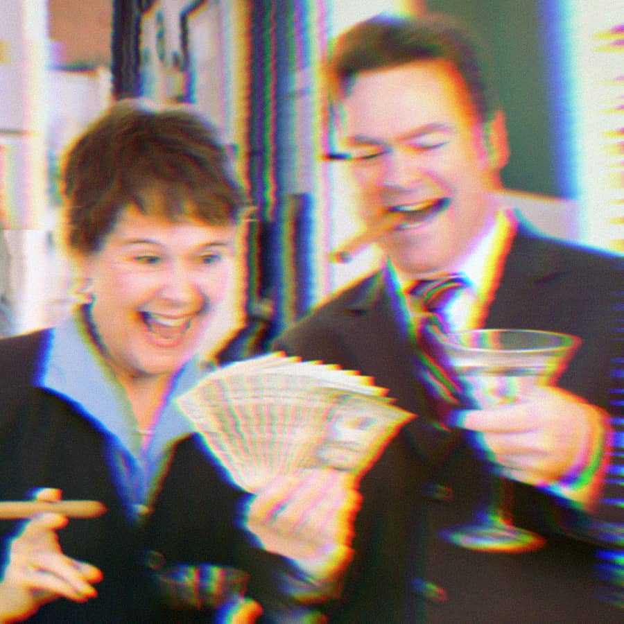 A rich man and woman holding cash and smoking cigars are laughing while a man fills up his gas tank in horror