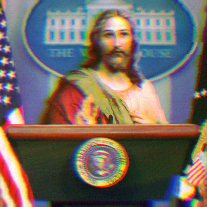 An illustration of Jesus standing behind the White House Briefing Room podium.