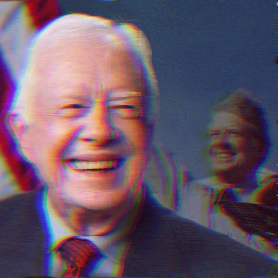 An older Jimmy Carter, smiling. Behind him to his right is a young Jimmy Carter, waving.