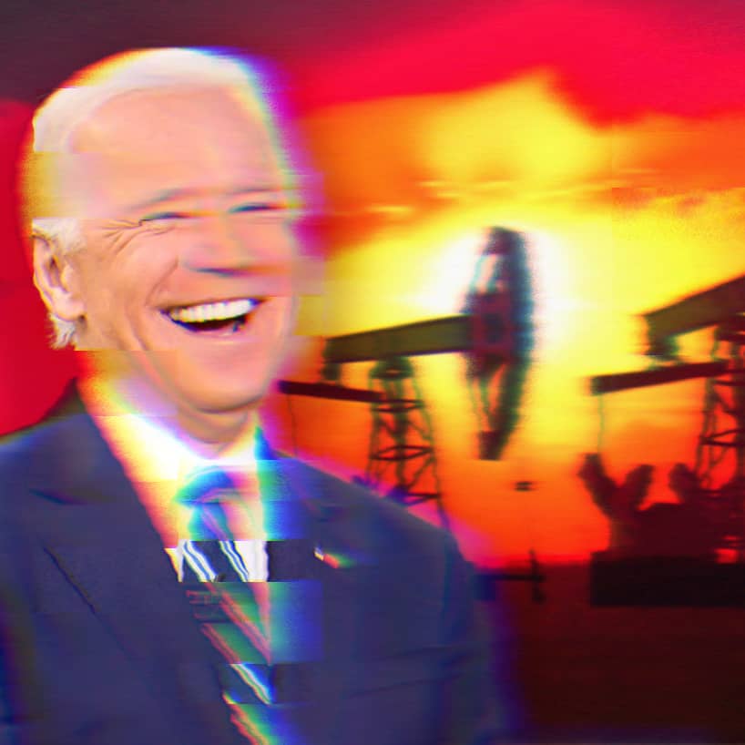 Biden laughing; the background is a field of oil pumpjacks