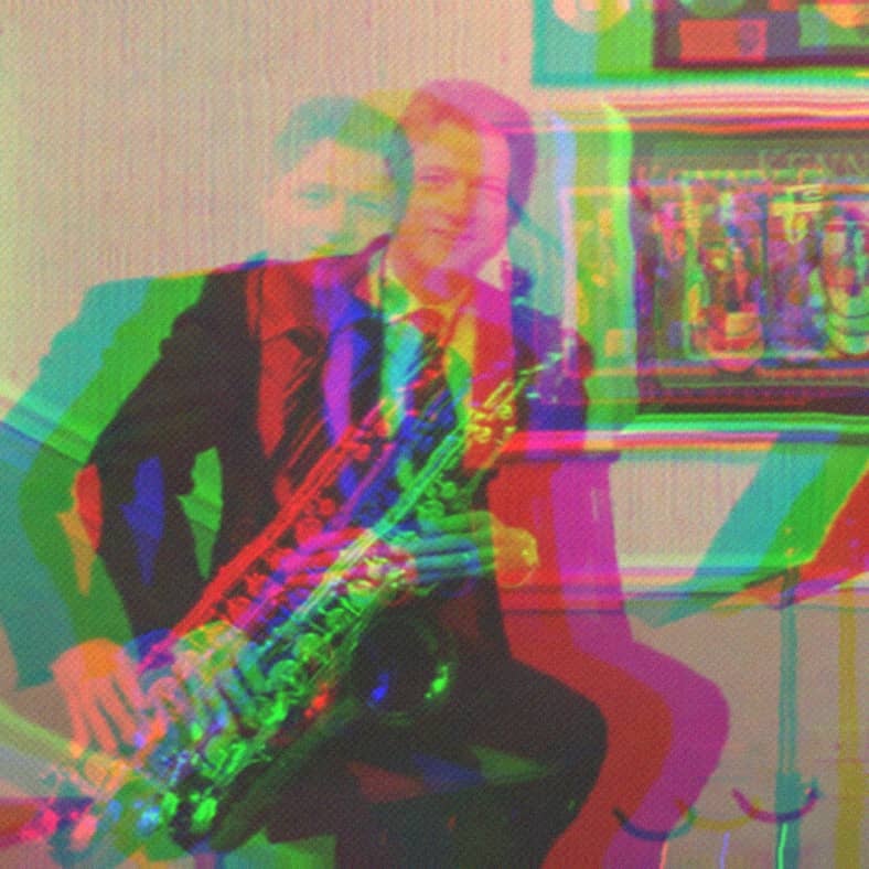 Bill Clinton in the White House Music Room holding his saxophone.