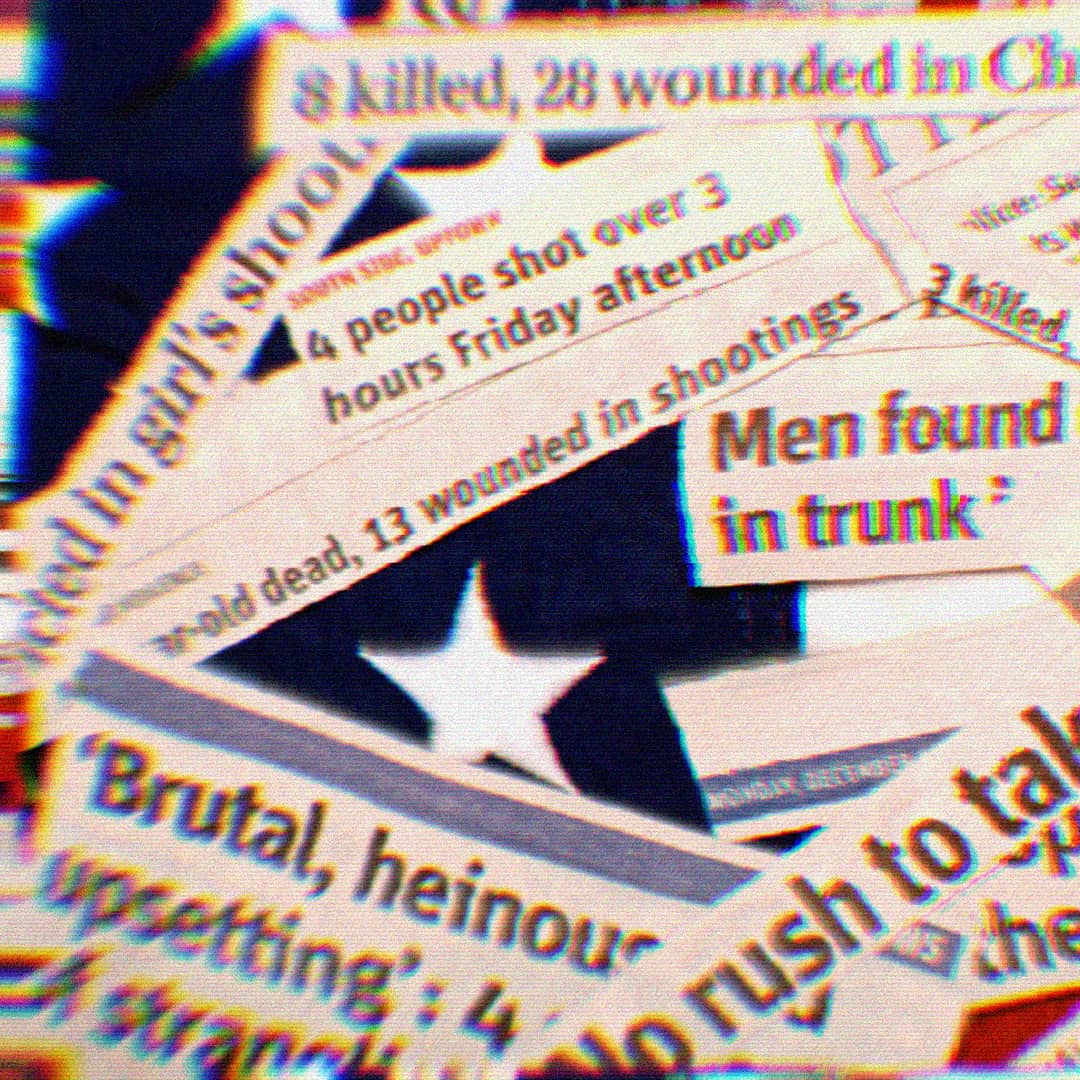 Collage of newspaper headlines talking about a rise in crime in America. The headlines are laid on top of an Amreican flag.