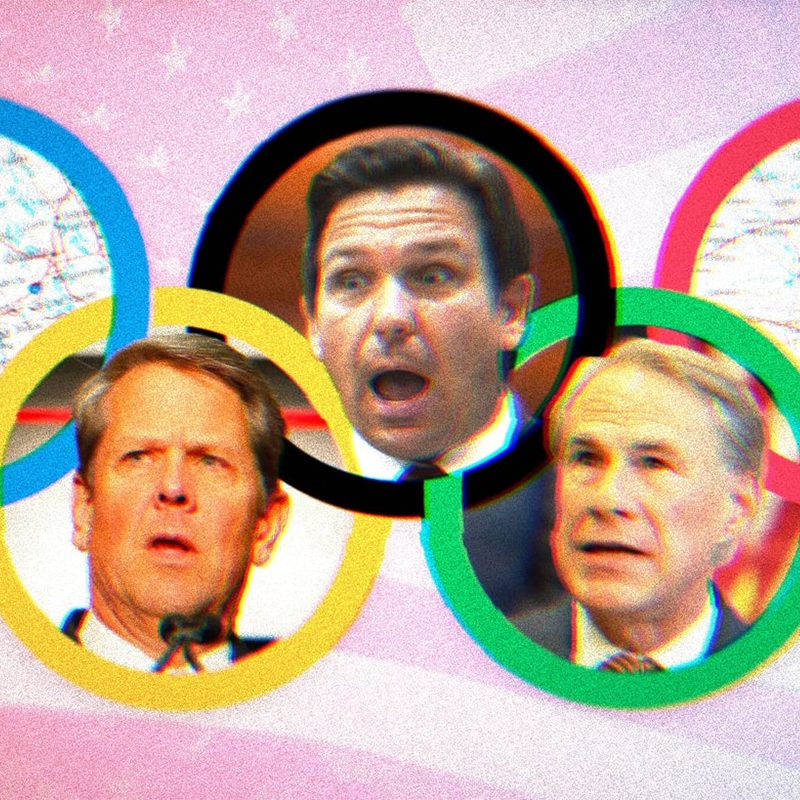 Composite image of Brian Kemp, Ron DeSantis and George Abbot’s faces inside the Olympic rings.