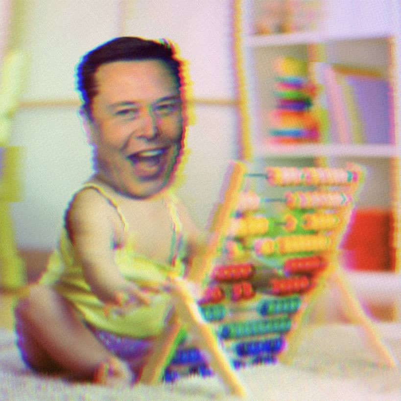 Composite image of Elon Musk's head on a baby's body. The baby is playing with an abacus