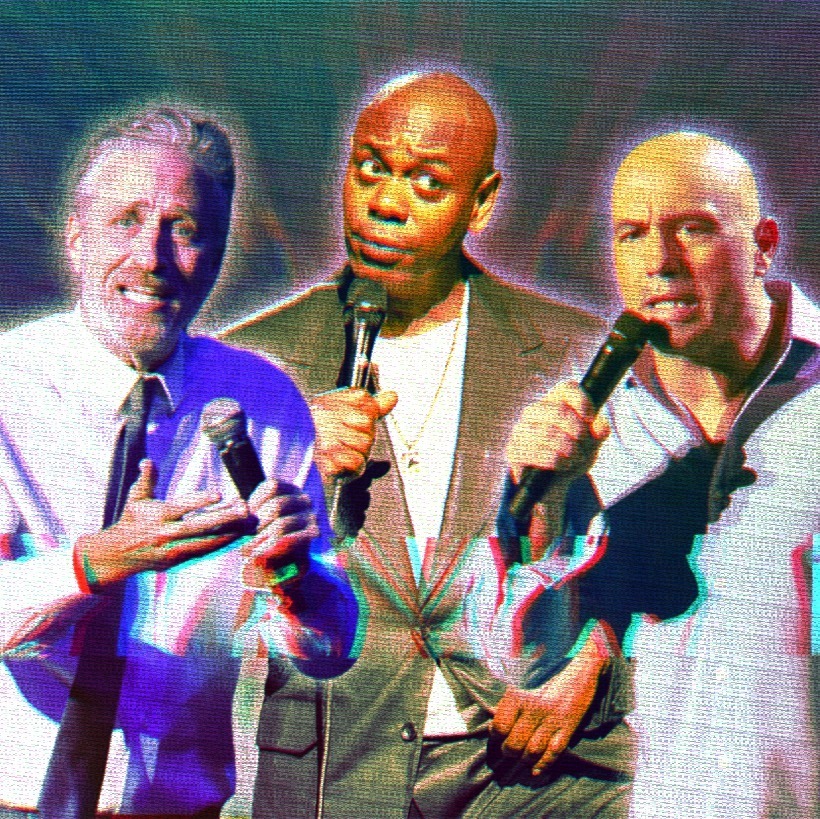 Composite image of Jon Stewart, Dave Chappelle and Joe Rogan. All are standing, holding microphones mid-speech.