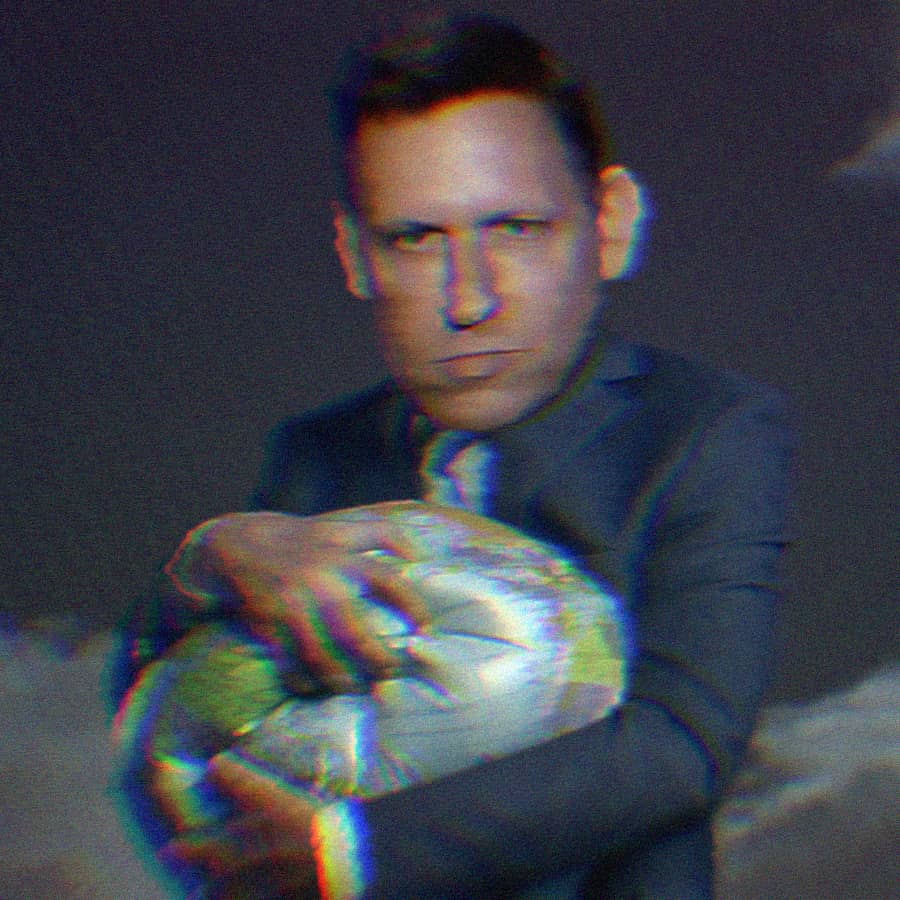 Composite image of Peter Thiel holding an inflatable globe and crushing it.