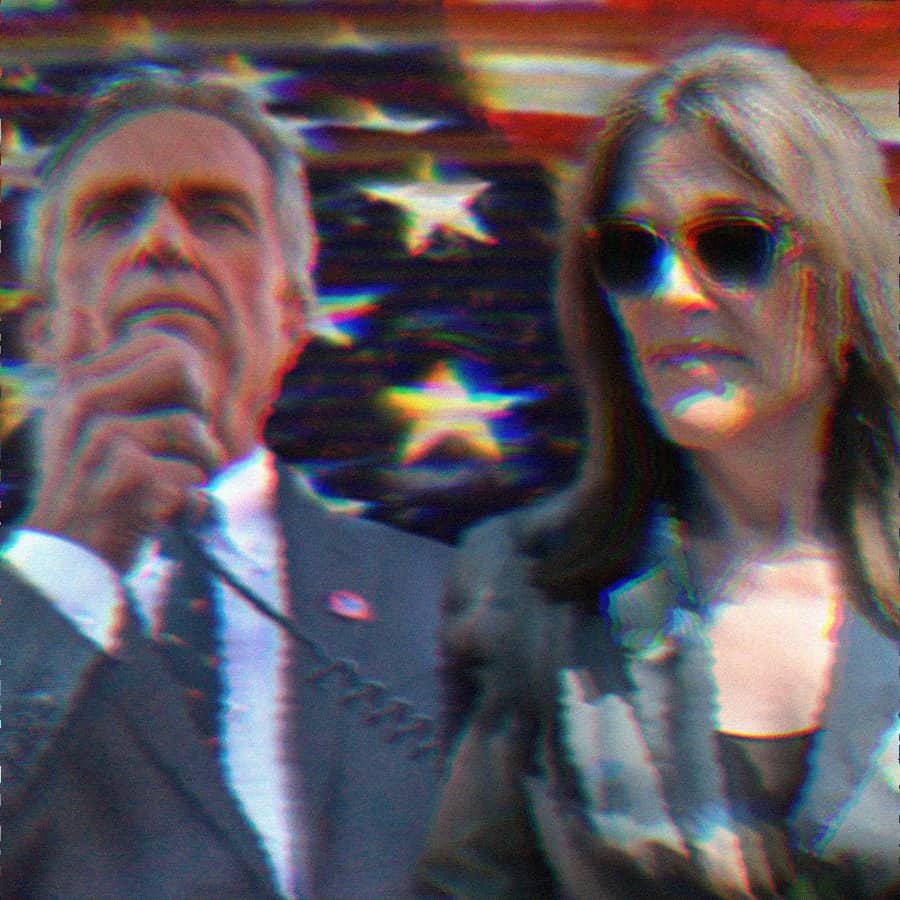 Composite image of Robert F. Kennedy Jr. and Marianne Williamson over an American flag background