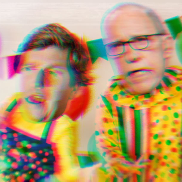 Composite of Tucker Carlson and Larry Kudlow with their heads on clown bodies