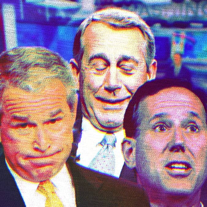 Composite photo of George W. Bush, John Boehner and Rick Santorum with the CNN studio in the background. All three are making dumb faces.