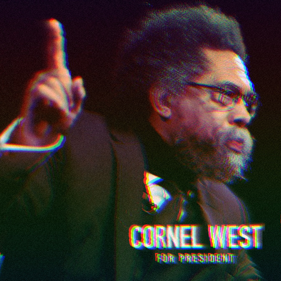 Cornel West's campaign photo with text that says 'Cornel West For President'.