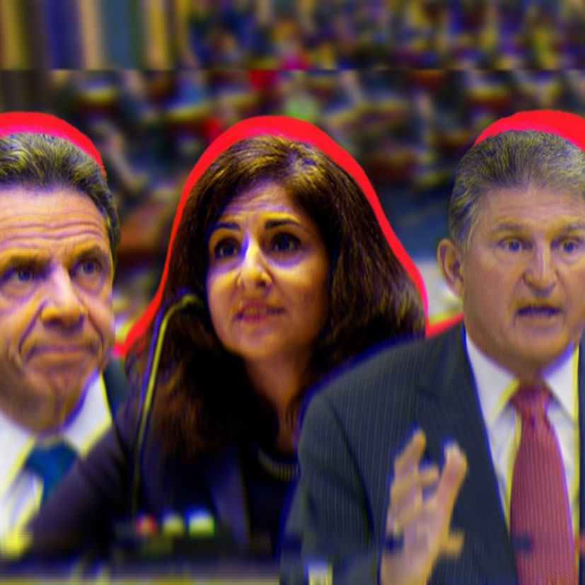 Cut out photos of Andrew Cuomo, Neera Tanden and Joe Manchin overlaid on a blurred background of Senate