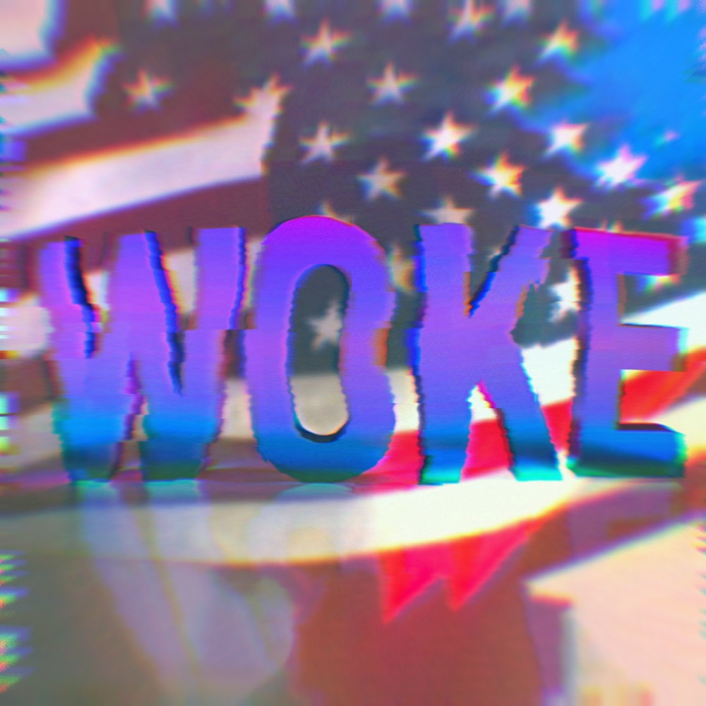 Glitchy word art that says 'Woke' over an American flag.
