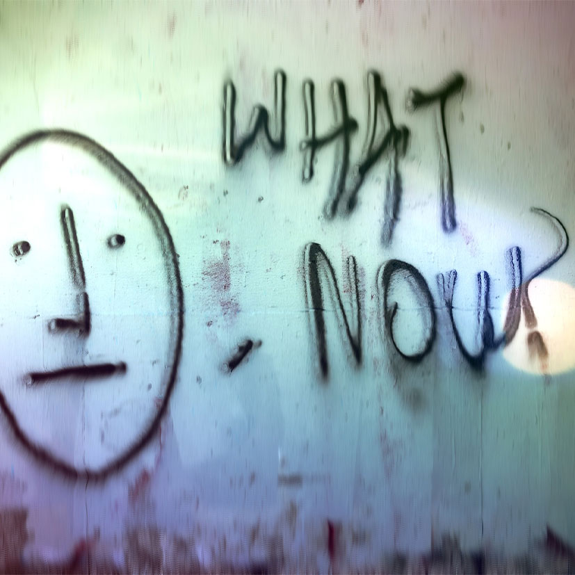 Graffiti on a wall depicting a face with the text, “What Now?”