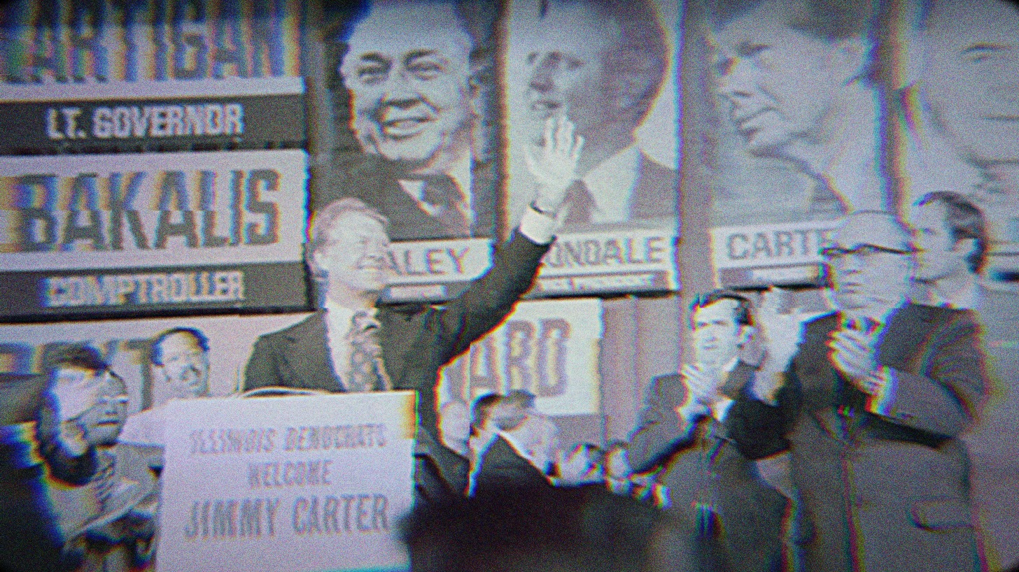 Jimmy Carter and Mayor Richard J. Daley at the Illinois State Democratic Convention in Chicago, Illinois.