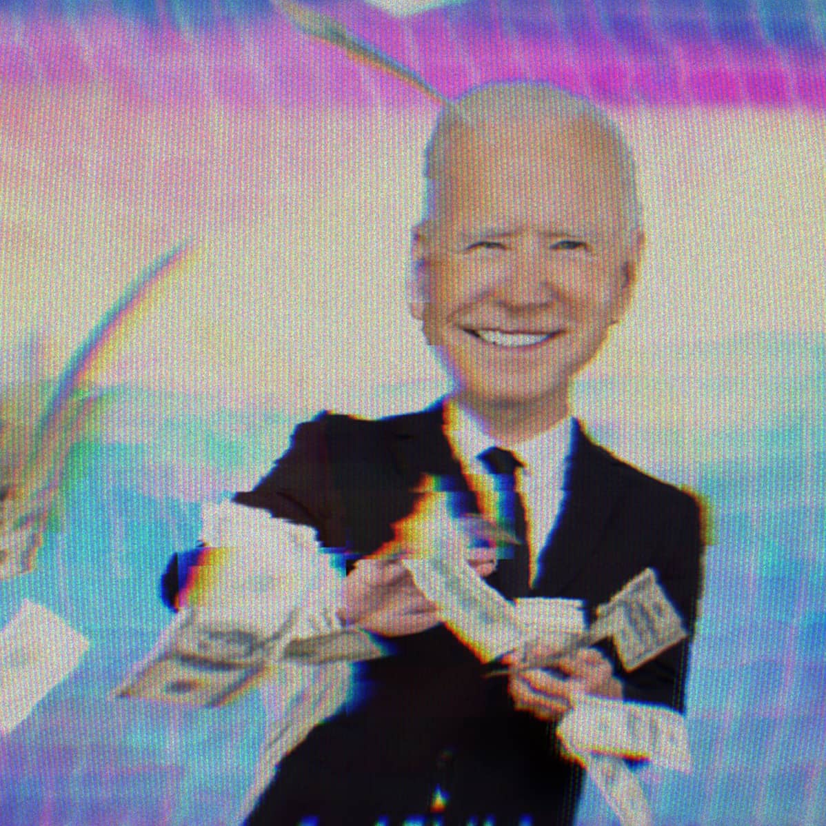 Joe Biden smiling and making it rain with a stack of cash.