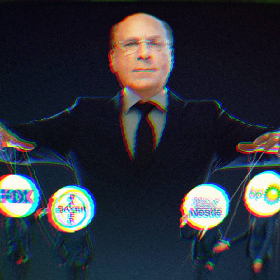 Larry Fink as a puppetmaster; The puppets are Apple, Fox, Bayer AG, Nestle, BP and Walmart.