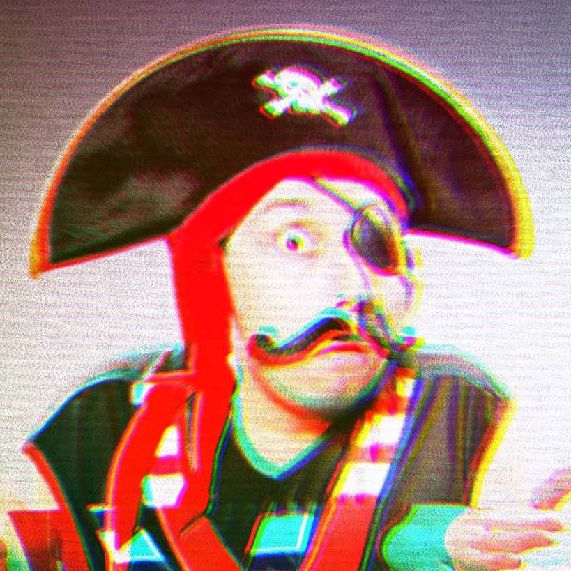 Man shrugging wearing a cheesy pirate costume