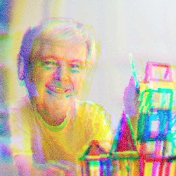 Newt Gingrich building a toy house with blocks.