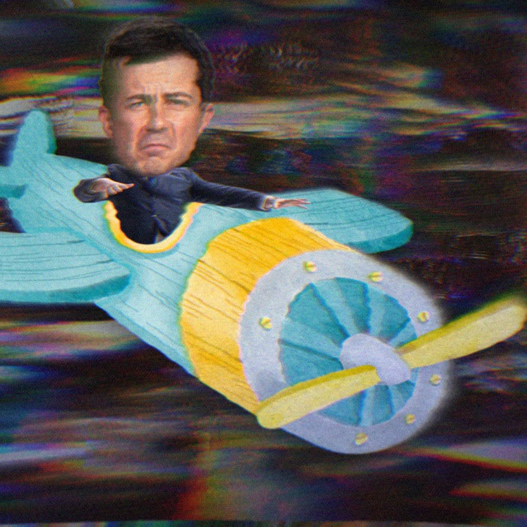 Pete Buttigieg sitting in a cartoon airplane, frowning