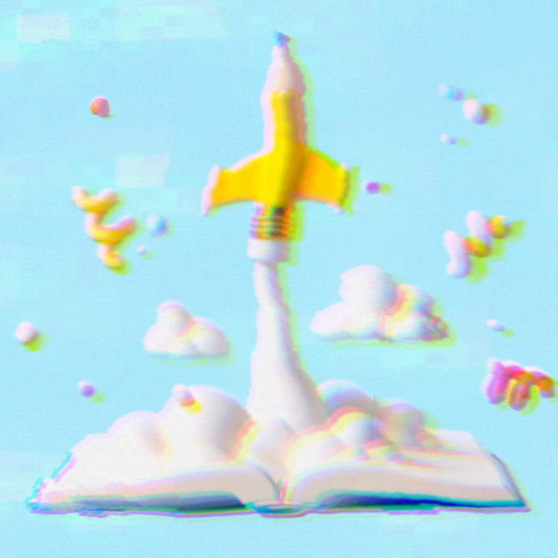 Rendering of a pencil flying out of a book with clouds and decorative swirls surrounding it.