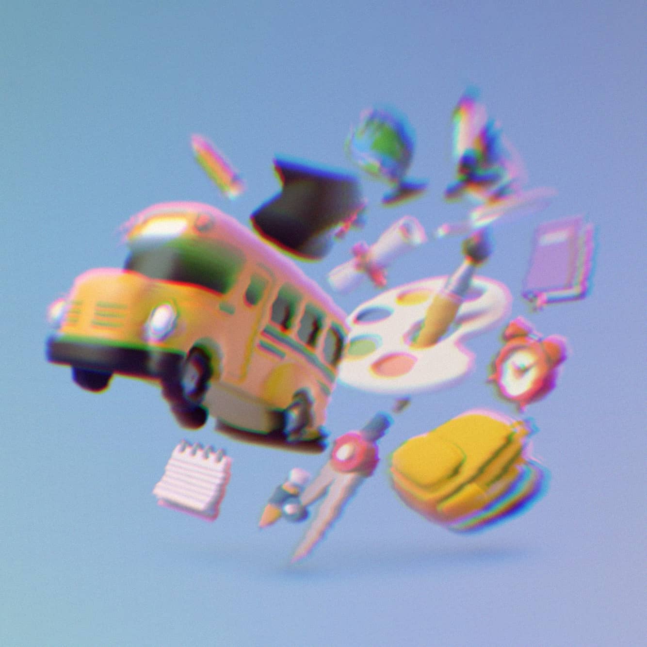 Rendering of a school bus, graduation cap, backpack and miscellaneous school supplies.