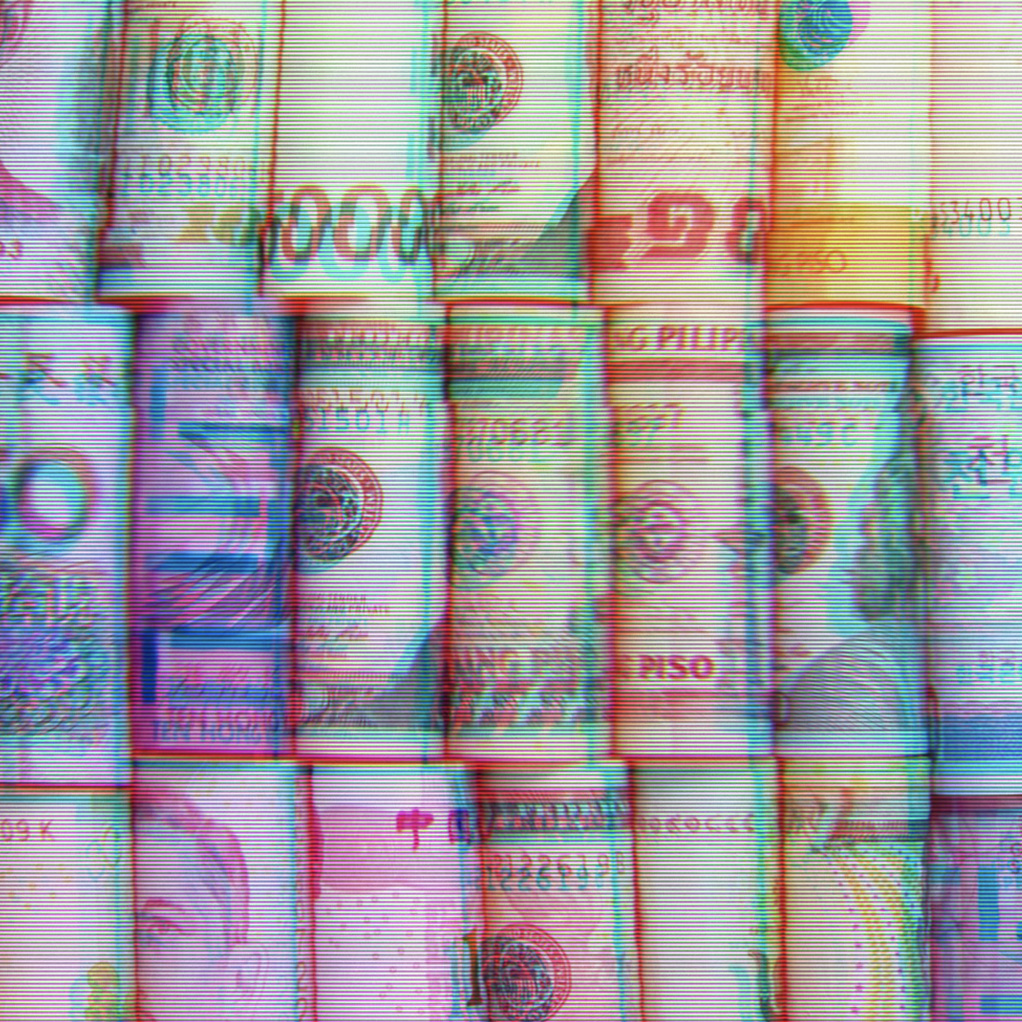 Rolled up bills from different international currency. Image has a rainbow, streaky filter overlayed.