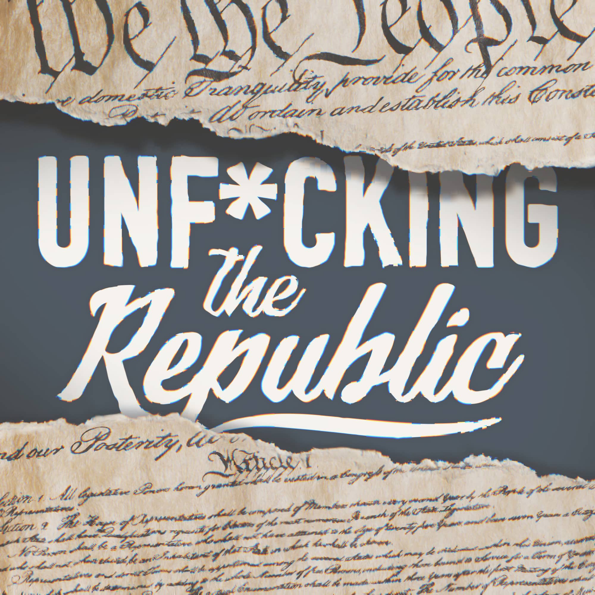 The US Constitution ripped in the middle revealing white text on a blue background that says, ‘Unf*cking the Republic.’ Letters have a glitchy rainbow effect on them.