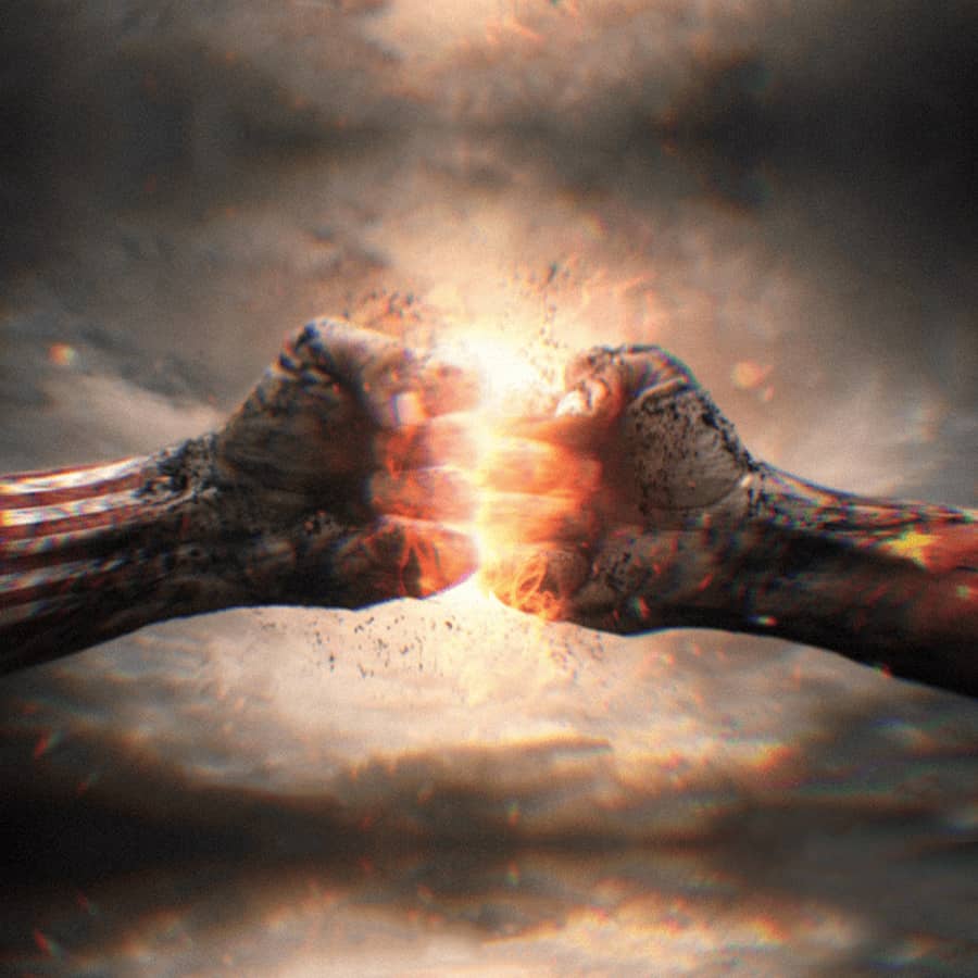 Two fists- one with the American flag, the other with the Chinese flag. The fists are punching each other.