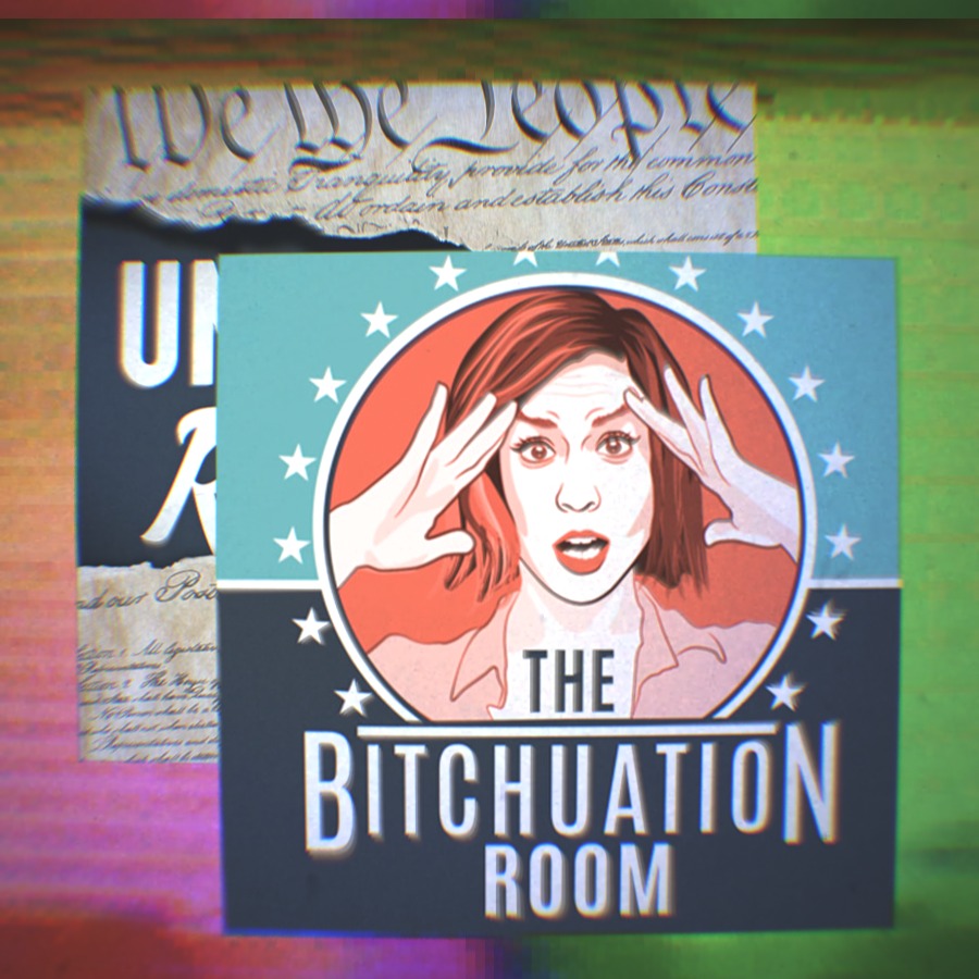 Unf*cking The Republic Logo and Bitchuation Room Podcast logo on a rainbow background.