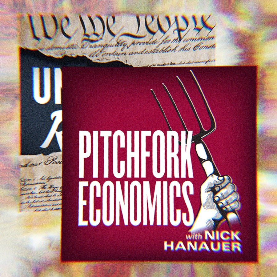 Unf*cking The Republic Logo and Pitchfork Economics Podcast logo on a rainbow background
