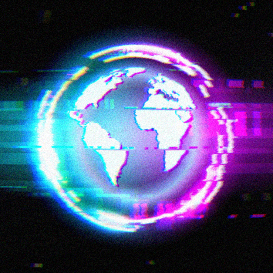 Neon purple and blue globe with rainbow glitchy squares sticking out of the sides