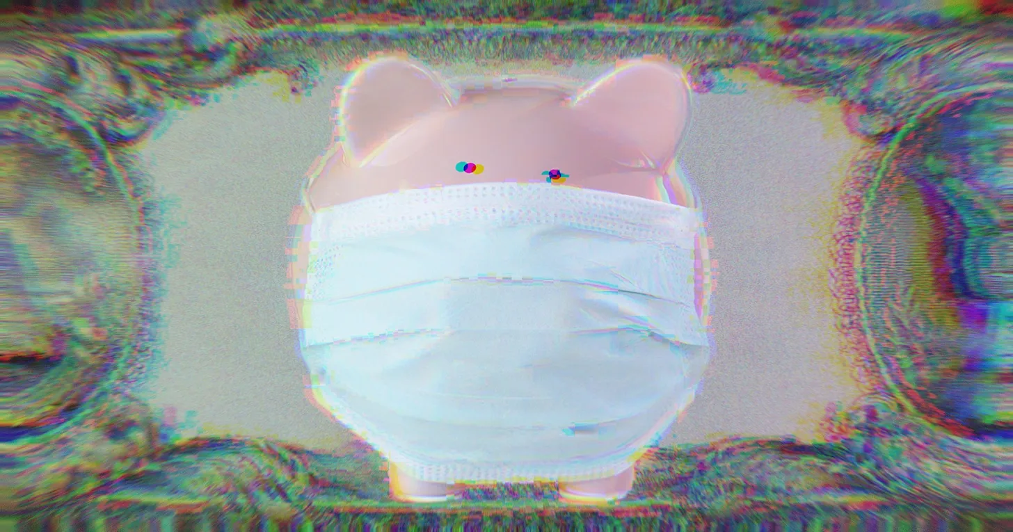 A piggy bank wearing a mask; bank contagion concept.