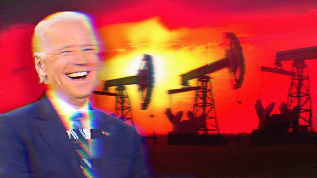Biden laughing; the background is a field of oil pumpjacks.