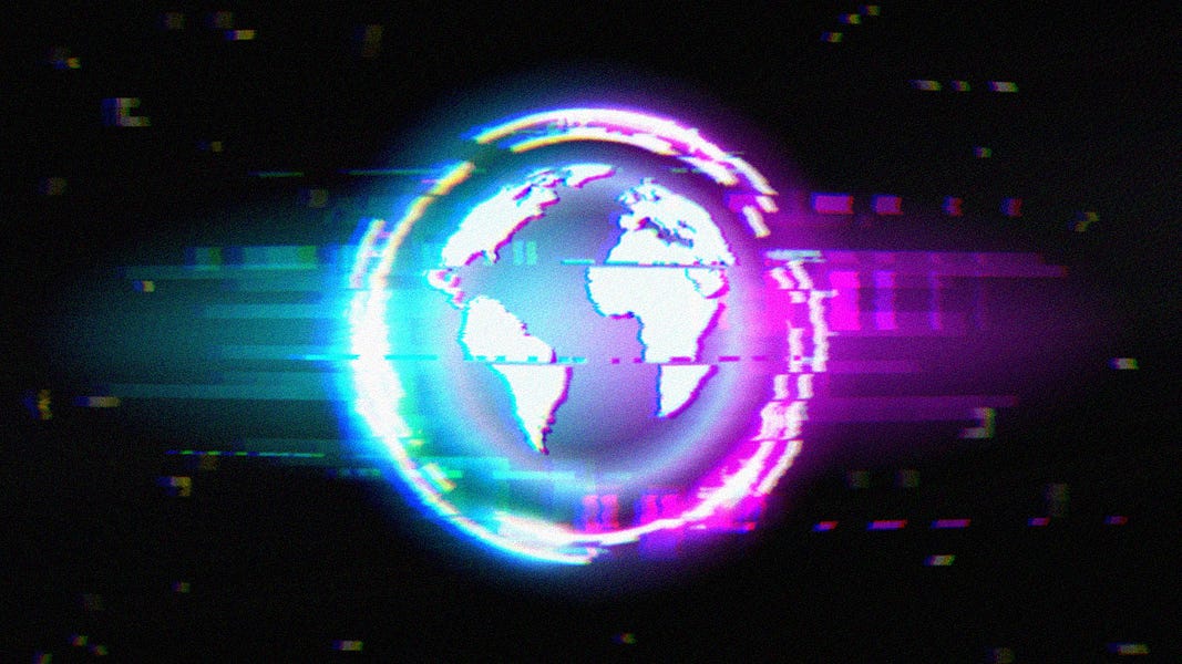 Neon purple and blue globe with rainbow glitchy squares sticking out of the sides.