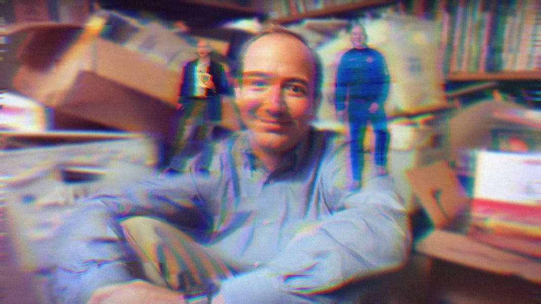 Jeff Bezos from the '90s, surrounded by books; on his left shoulder is Jeff Bezos from 2009 holding a Kindle 2, and on his right shoulder is Jeff Bezos from 2021 with his space crew.